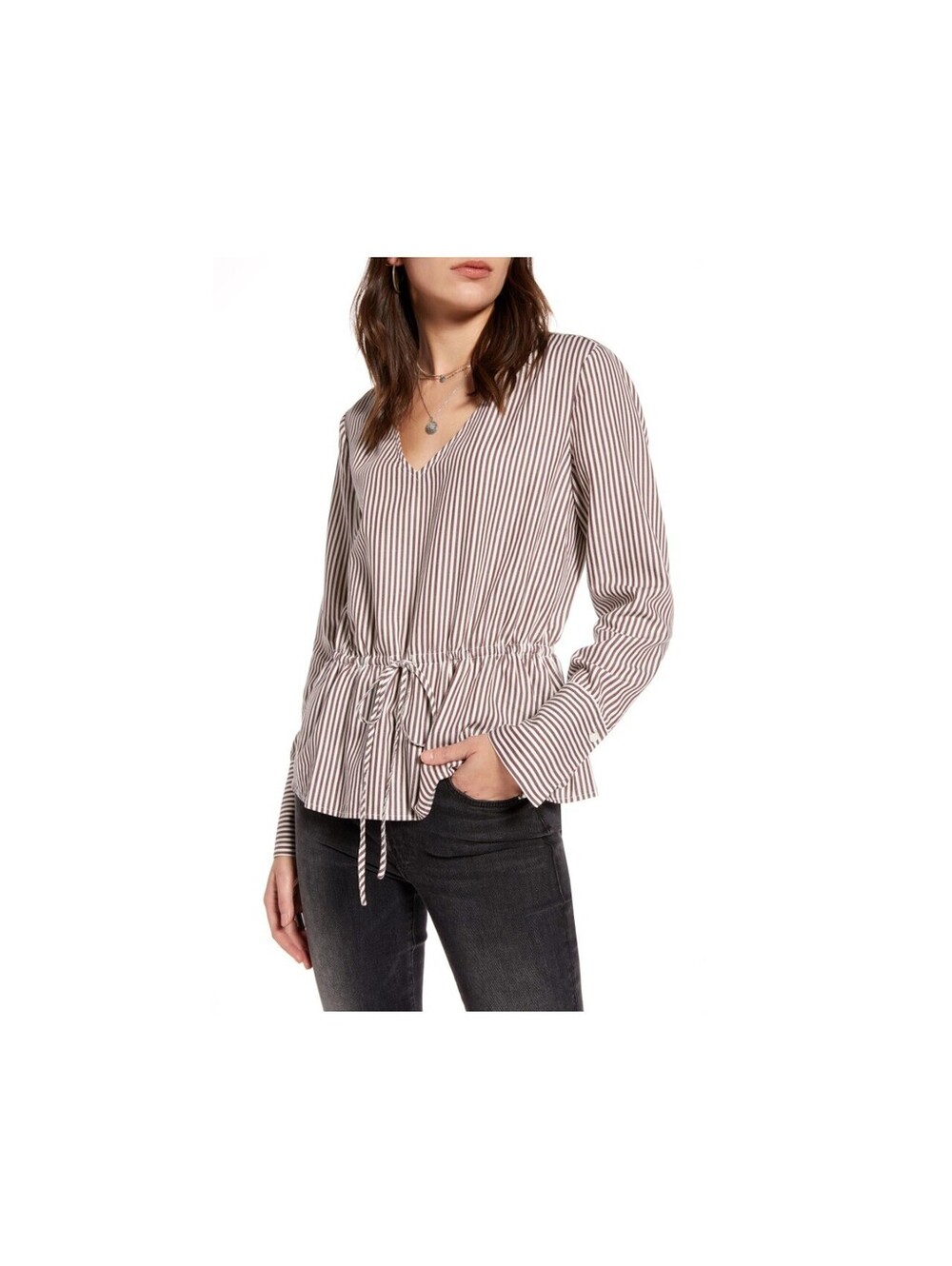 Treasure & Bond Striped Blouse Size S Brown Linen Blend Tie Waist Long Sleeve To